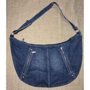 Vtg Denim Y2K Crossbody Hobo Bag Multipocket Zipper Pockets Purse 90s Retro Jean